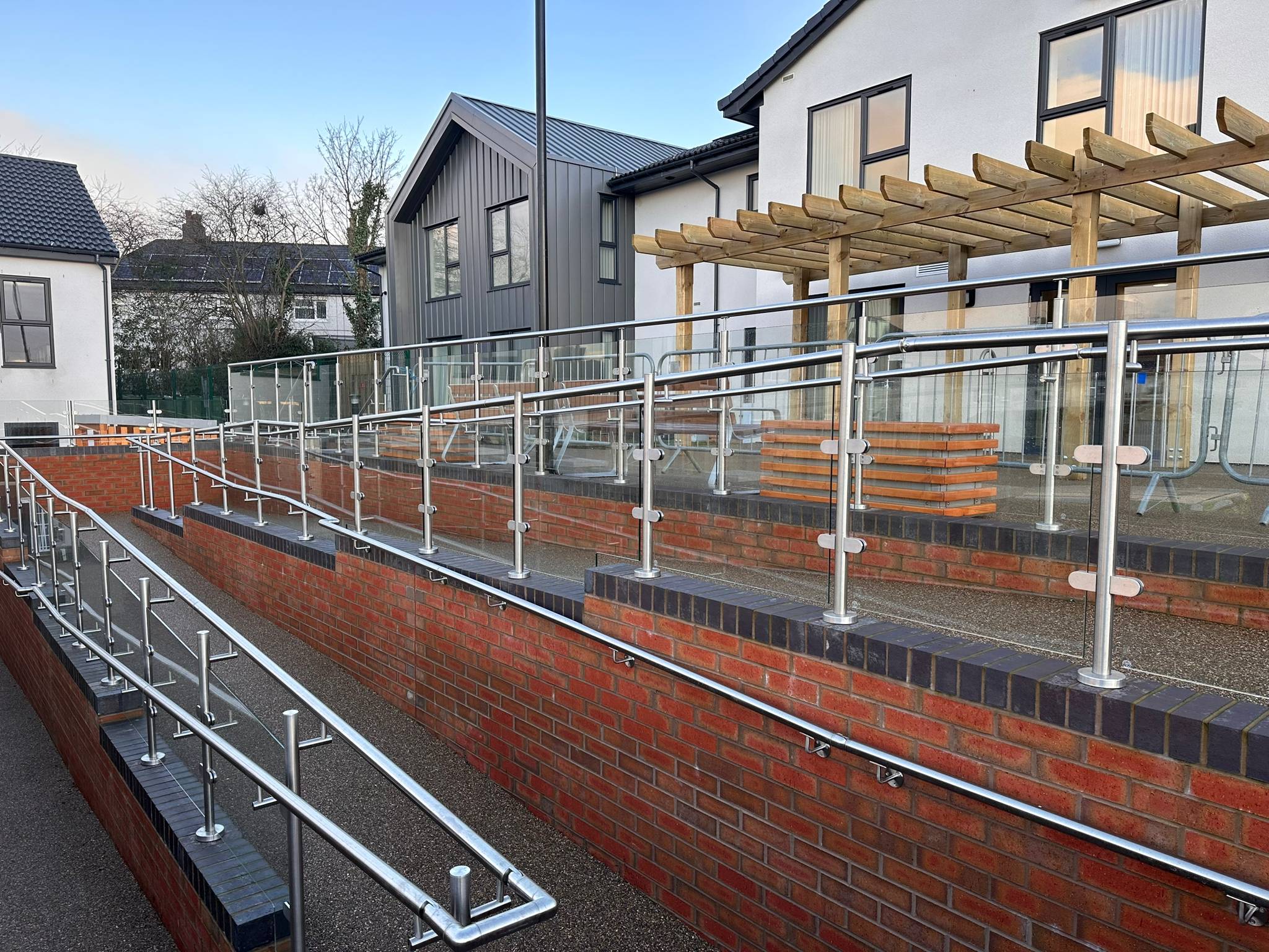 outdoor glass and steel balustrades with railing